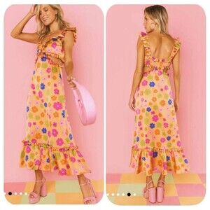 Show Me Your Mumu Lane Midi Dress in Poppin Poppy Size Small RuffleFloral Retro